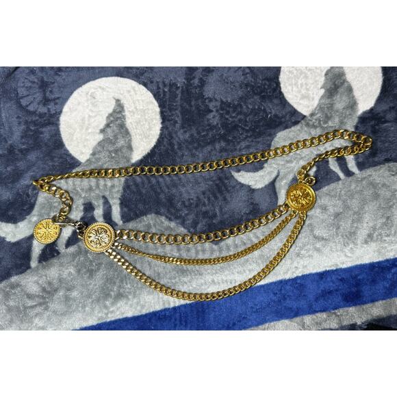 Vintage Gold-Tone Medallion 3-Strand Curb Chain Statement Necklace 26" Layered - Picture 5 of 10